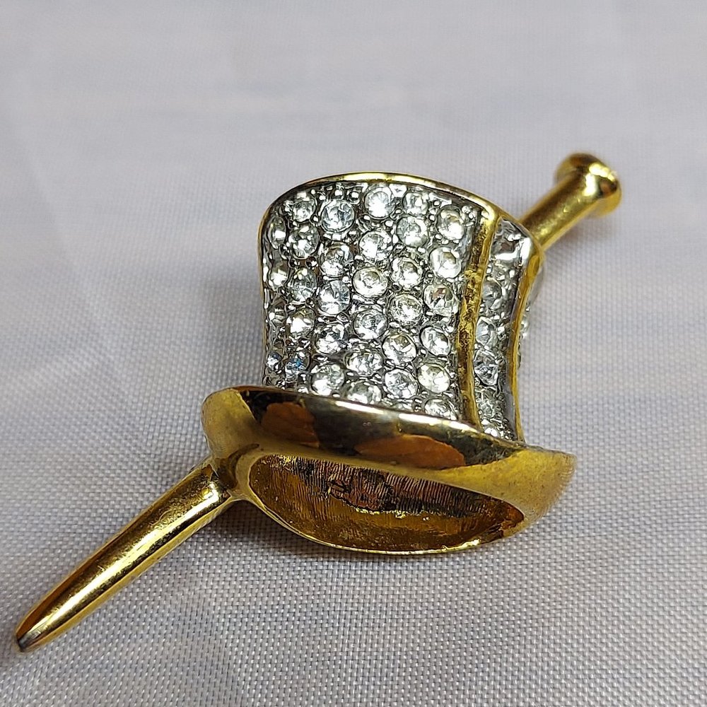 Top Hat & Cane Rhinestone Gold Tone Brooch Sparkler Pin